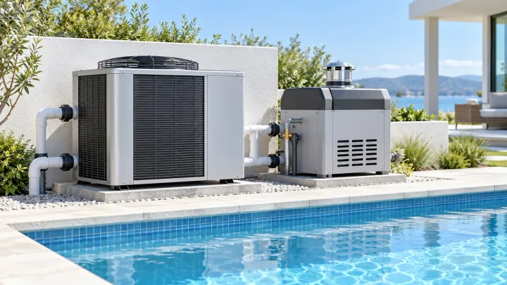 Pool heating equipment beside a swimming pool