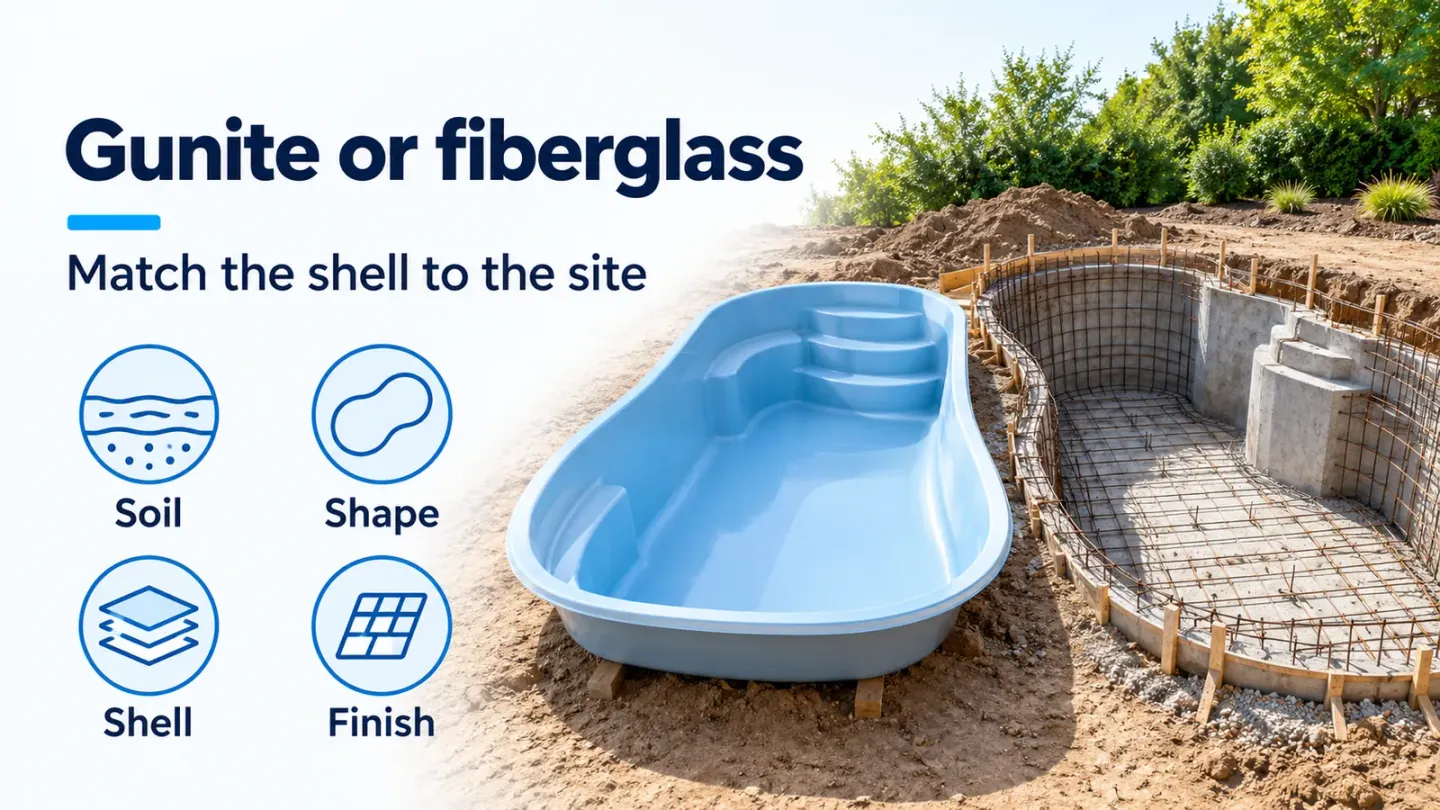 Fiberglass pool vessel beside a steel-reinforced concrete shell, labeled Soil, Shape, Shell and Finish