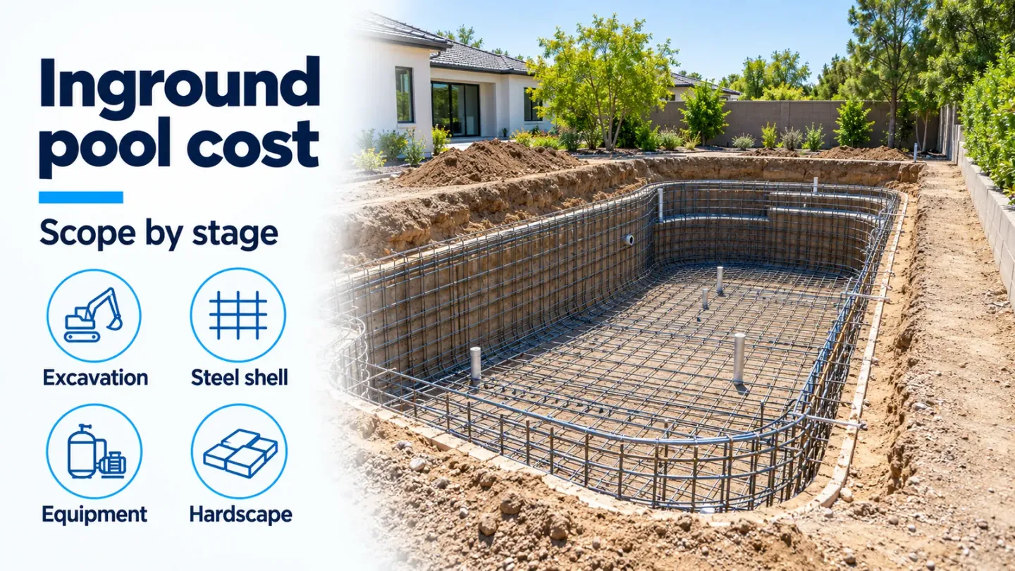 Steel-reinforced pool excavation beside the labels Excavation, Steel shell, Equipment and Hardscape