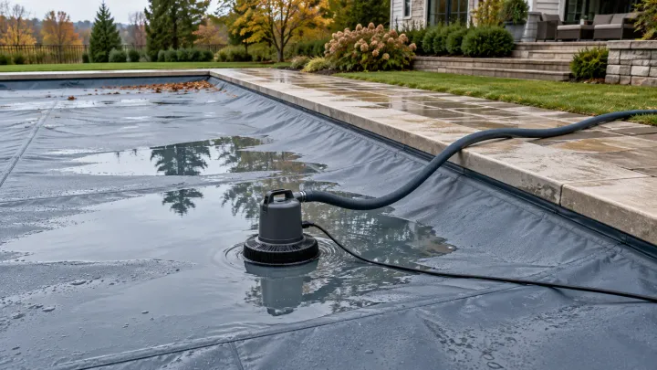 A compact pump in rainwater on a closed pool cover, with a discharge hose crossing the stone coping.