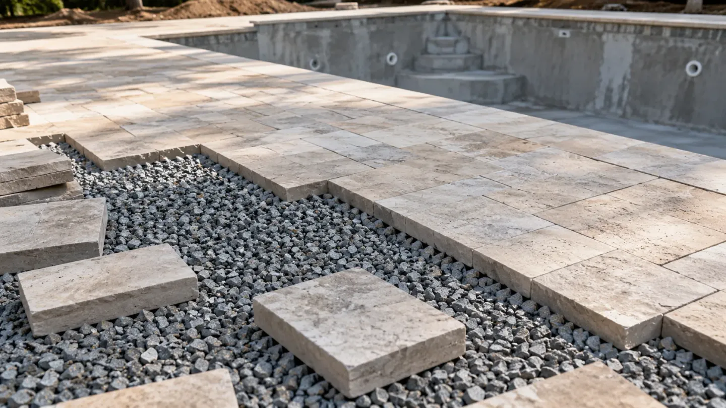 Partly laid light pavers on angular crushed stone beside an empty concrete pool shell