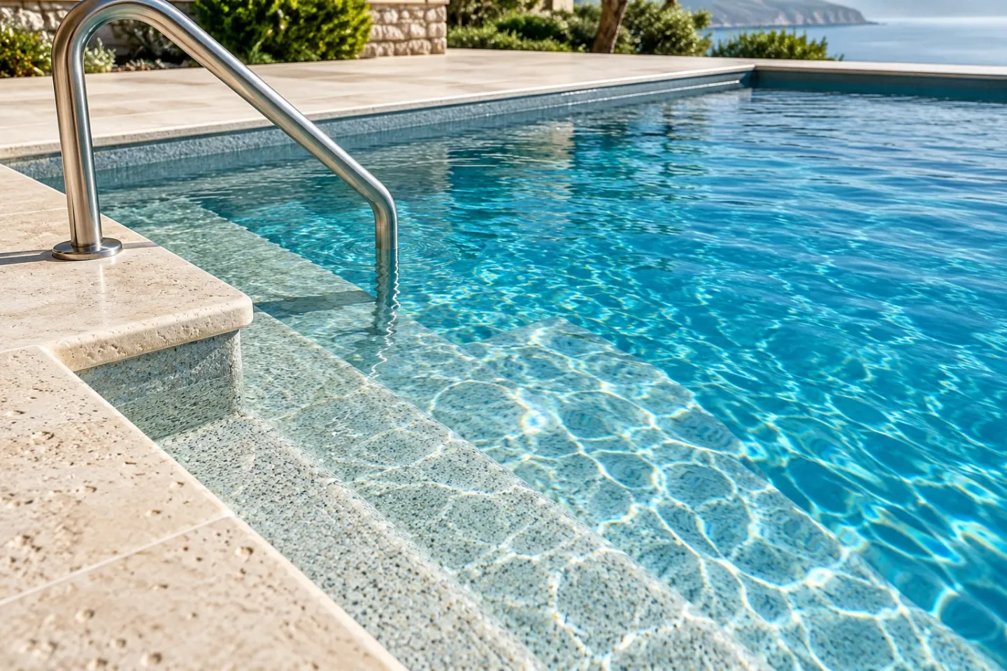 Pool edge with a curved rail and shallow steps