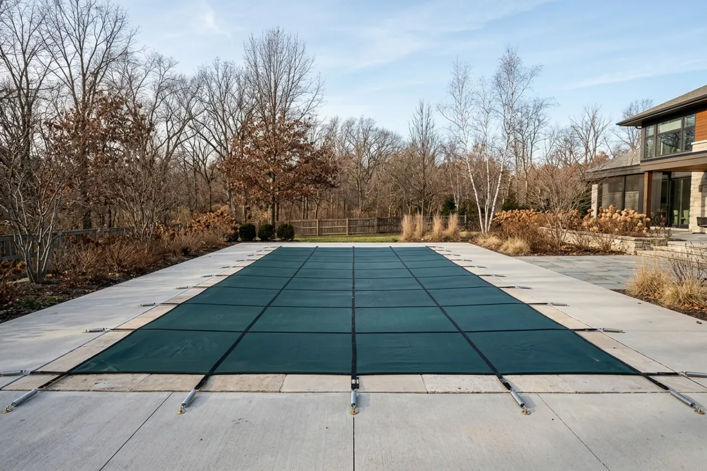 Inground swimming pool closed with a taut mesh winter safety cover and perimeter straps anchored into a concrete deck