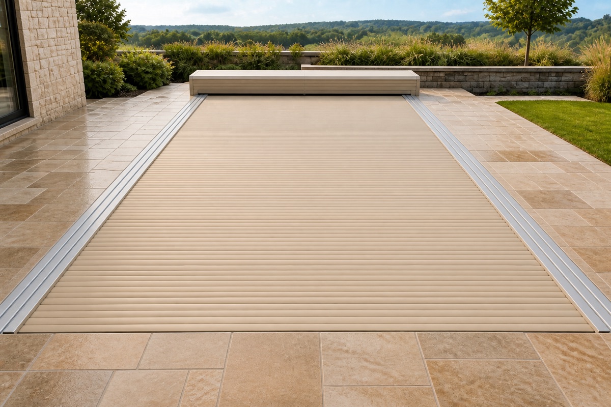 Automatic cover closed over a rectangular pool with side tracks along the coping.