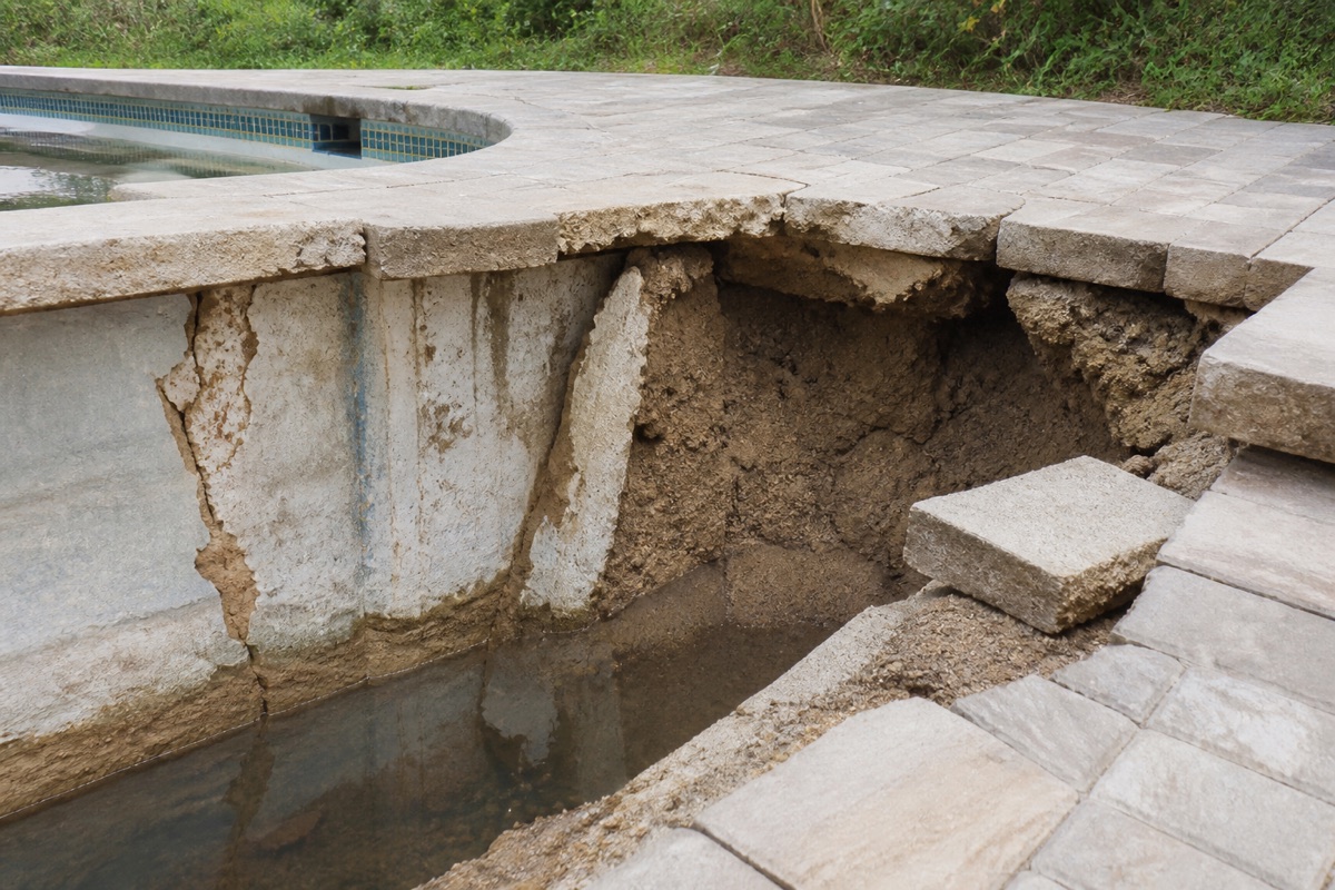 Undermined pool deck with exposed shell wall, an example of a claim that needs evidence not anecdote.