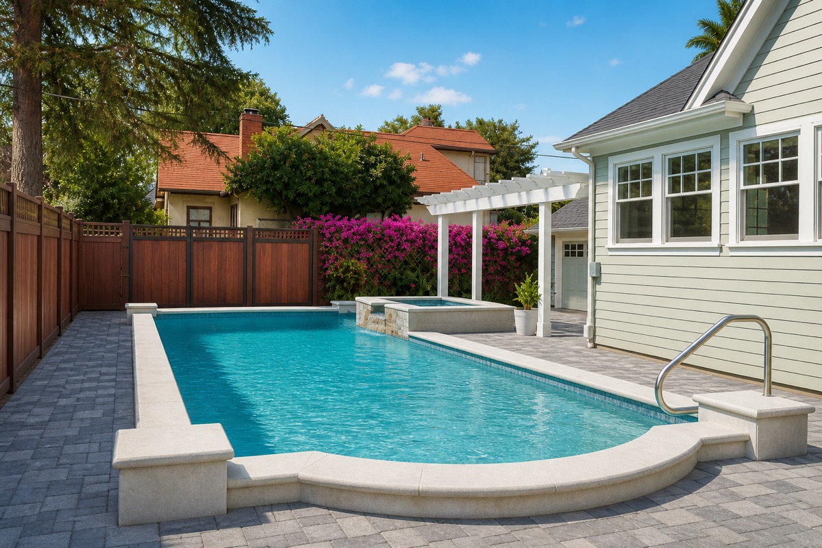 Finished residential pool with stone coping, pavers, and a raised spa.