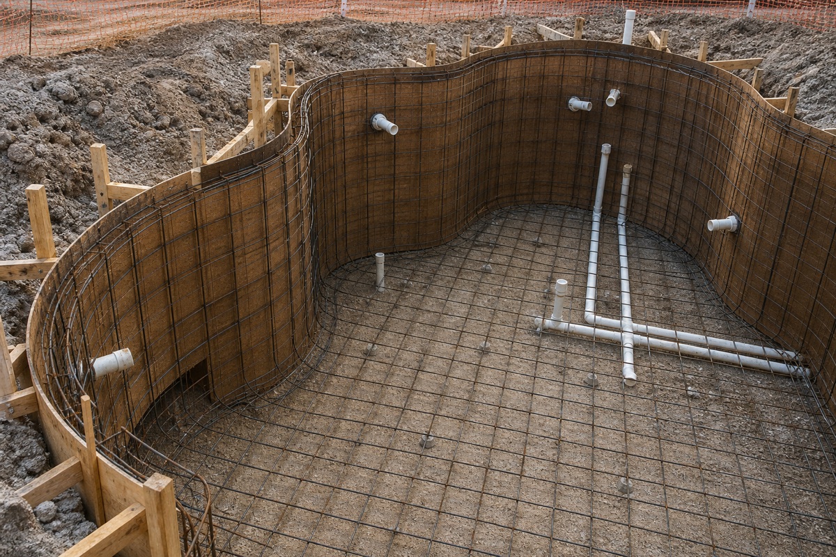 Freeform pool excavation lined with rebar, wooden forms, and PVC returns before gunite.