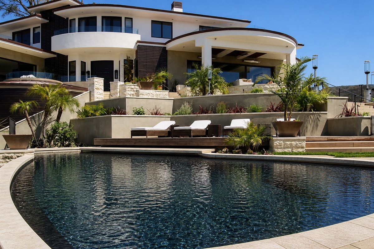 Hillside infinity-edge pool with terraces and a shallow sun shelf.