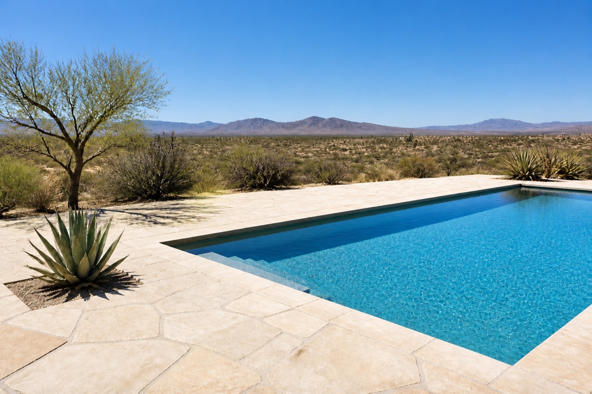 Open backyard pool and pale stone deck in harsh midday sun.