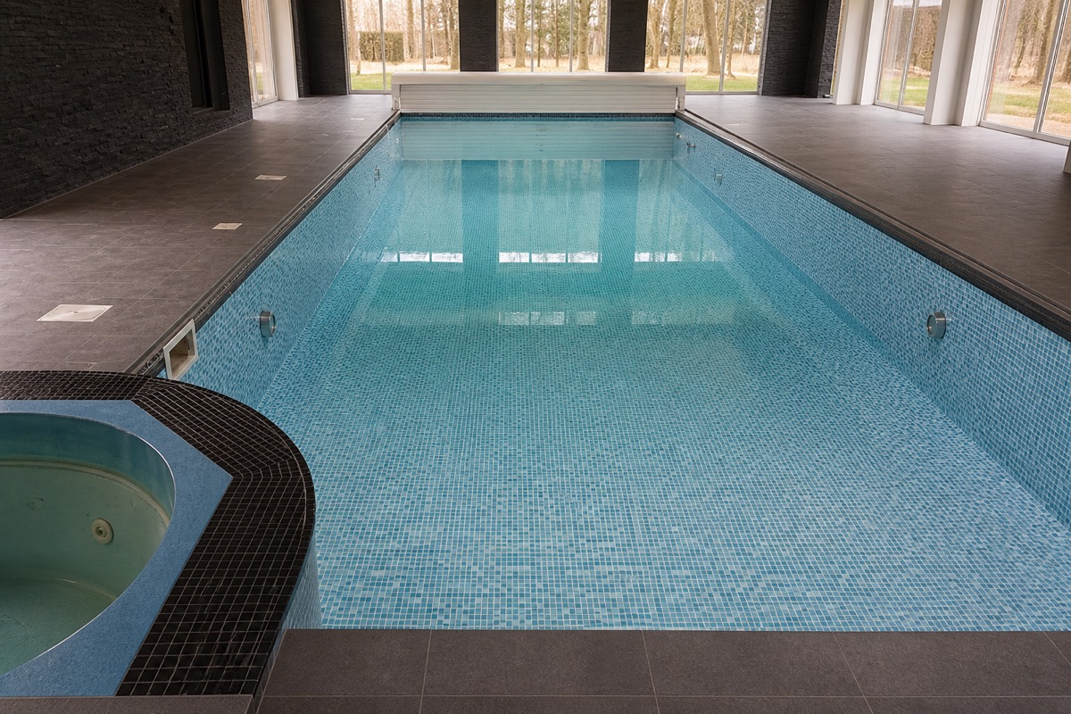 Indoor tiled pool with a white automatic-cover housing at the far end of the vessel.