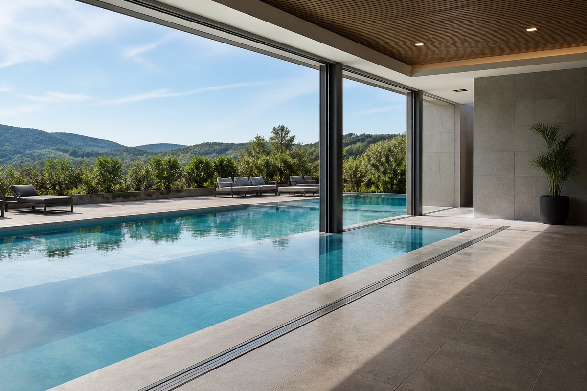 Indoor-outdoor pool with a long straight edge, the kind of geometry that is easy to measure for tracks.