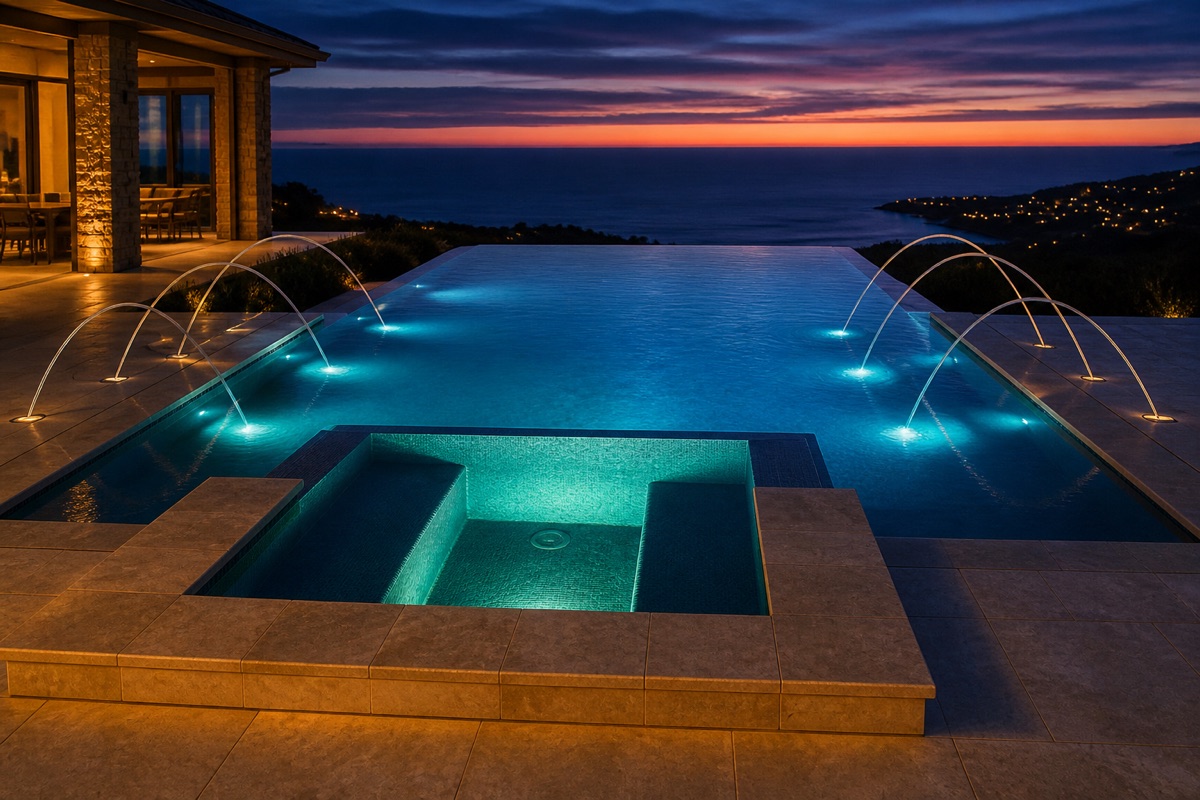 Infinity-edge pool and raised spa at dusk with deck jets and underwater lighting.