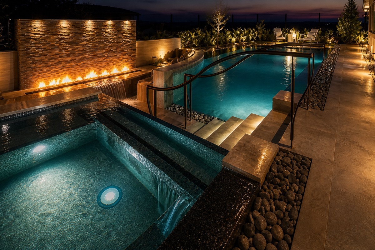 Finished night-lit pool and spa used as a context image on the AI use policy.