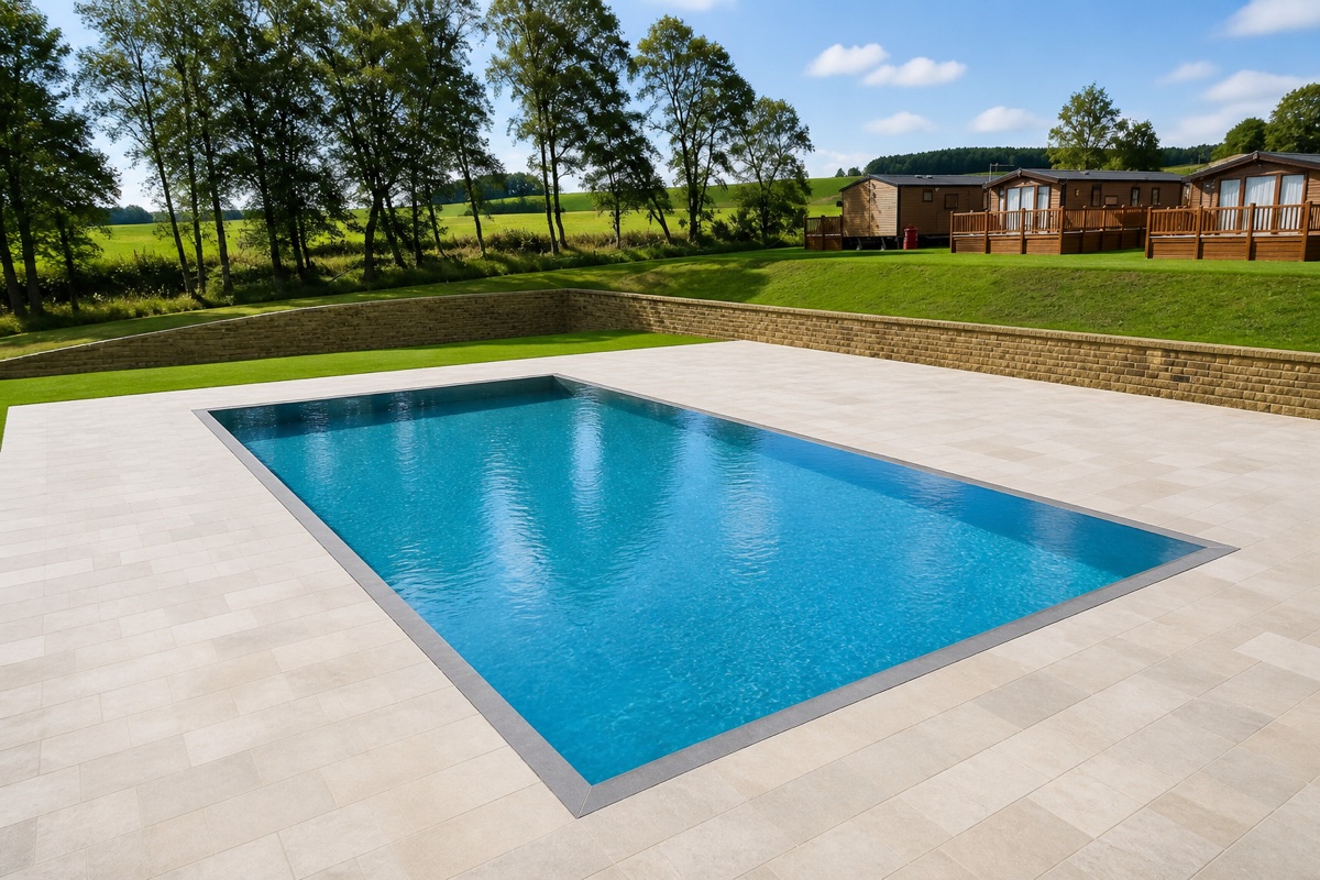 Open rectangular outdoor pool with a wide stone deck, typical of a vessel that loses water to sun and wind.