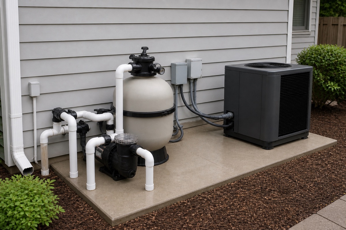 Residential pool equipment pad with pump, filter, and heat pump on a concrete slab.