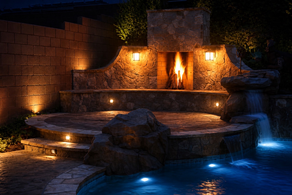 Stone fireplace and raised patio overlooking a pool with a small waterfall at night.