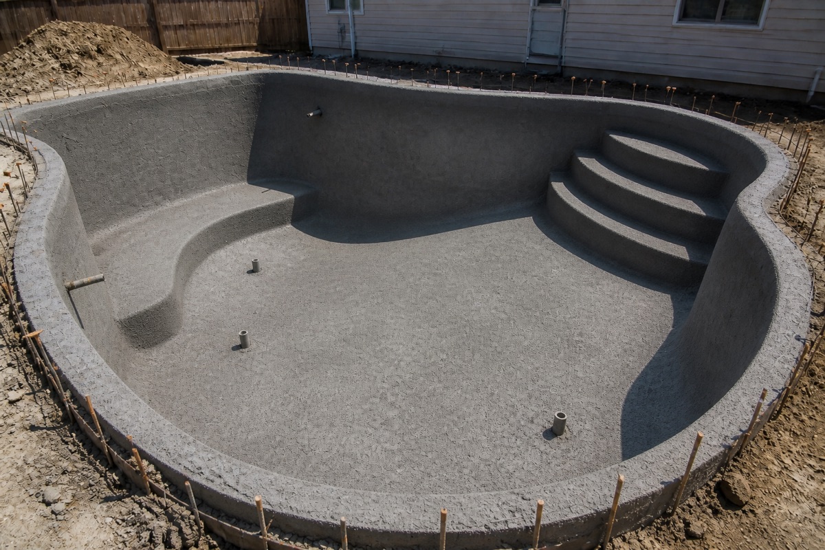 Freshly shot concrete pool shell with formed steps and benches before coping and finish.