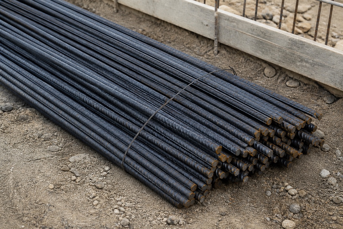 Rebar bundle over soil, used as a construction-context image on Terms.