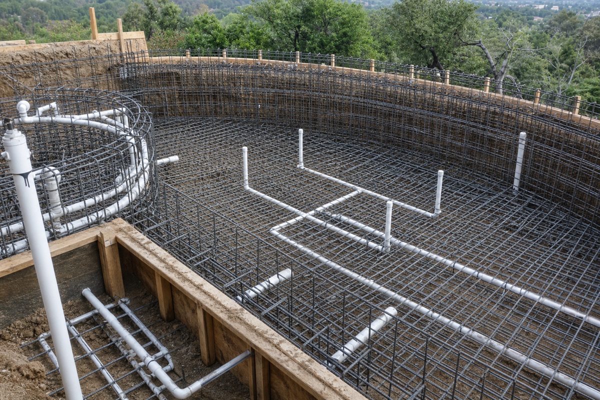 Steel reinforcement and white plumbing in a custom pool excavation, with a spa cage and pressure-tested pipe.