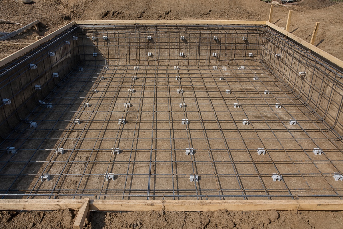 Rectangular pool excavation lined with rebar and dobies before the shell is shot.