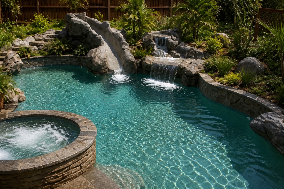 Custom pool with a circular spa, rock slide, and waterfalls sharing one backyard vessel.
