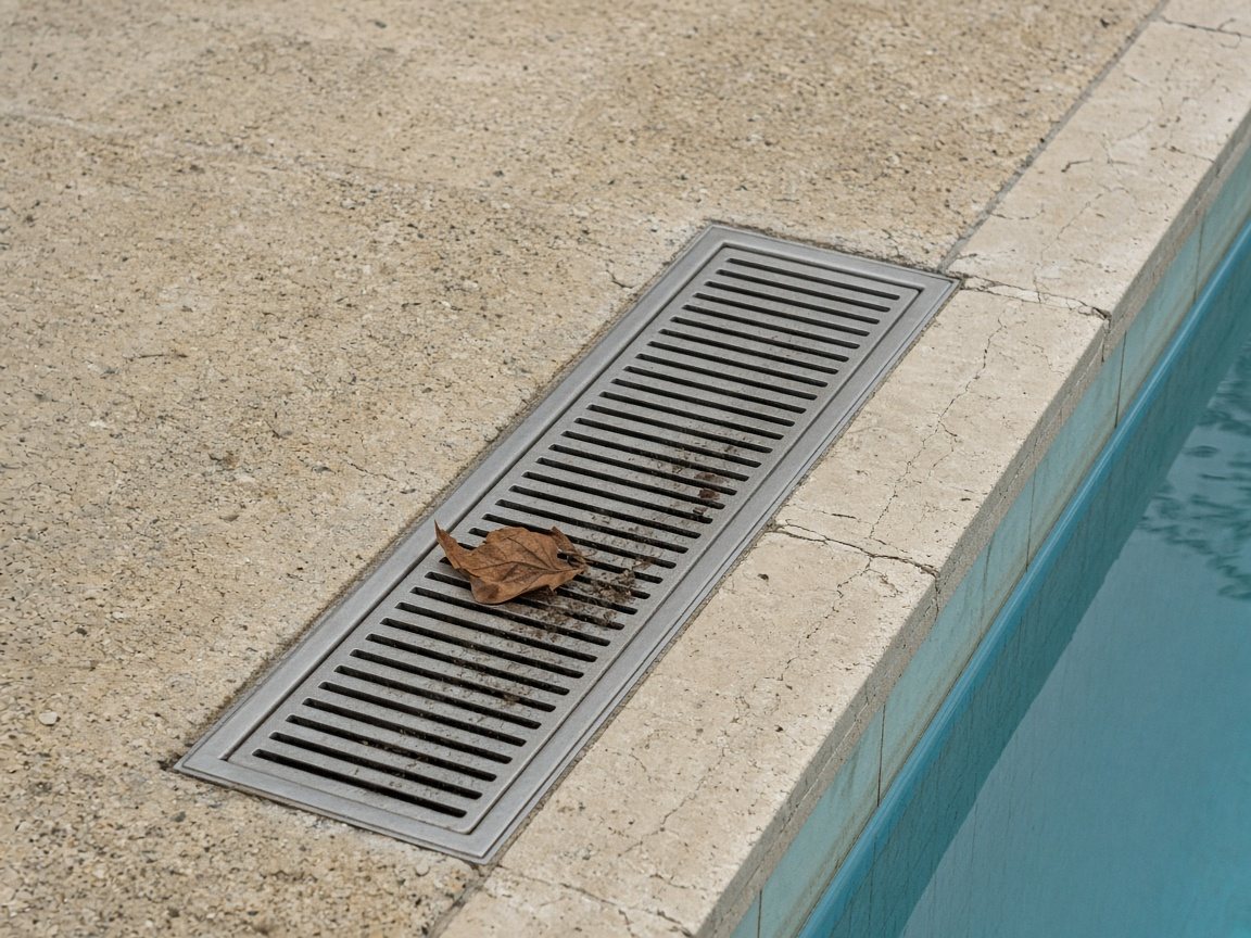 Narrow metal grate set in a concrete pool deck beside the water, with one leaf on the slots.