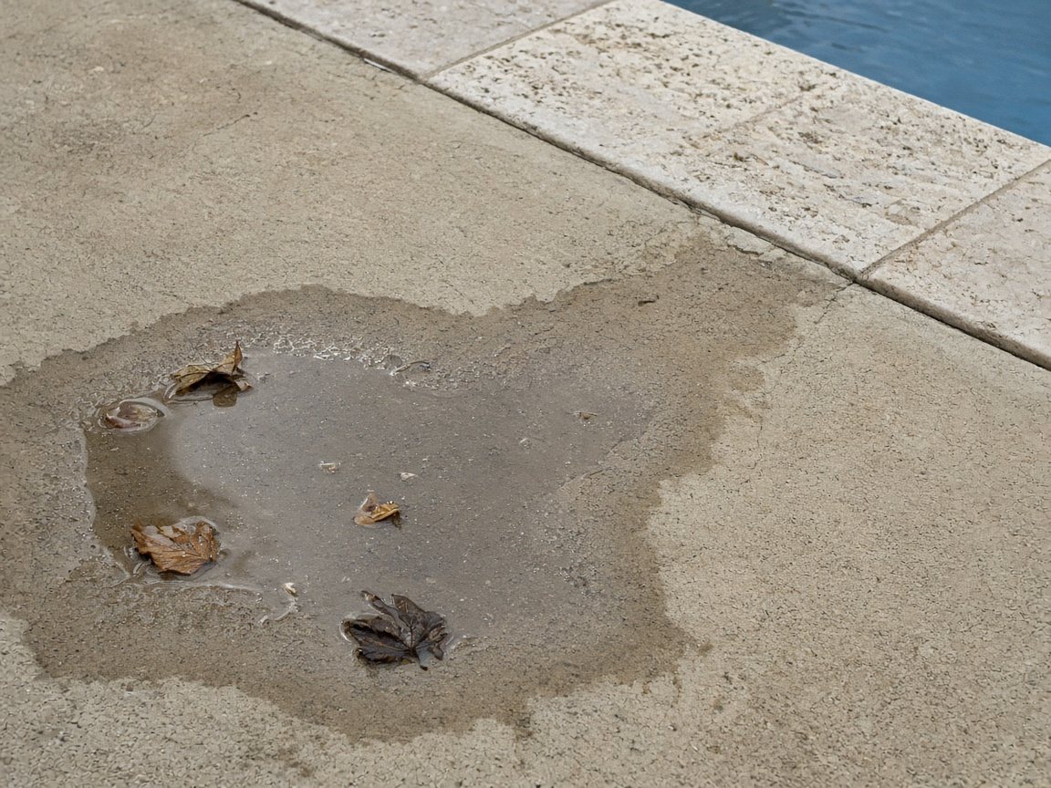 Shallow puddle and wet leaves on a concrete pool deck beside stone coping.