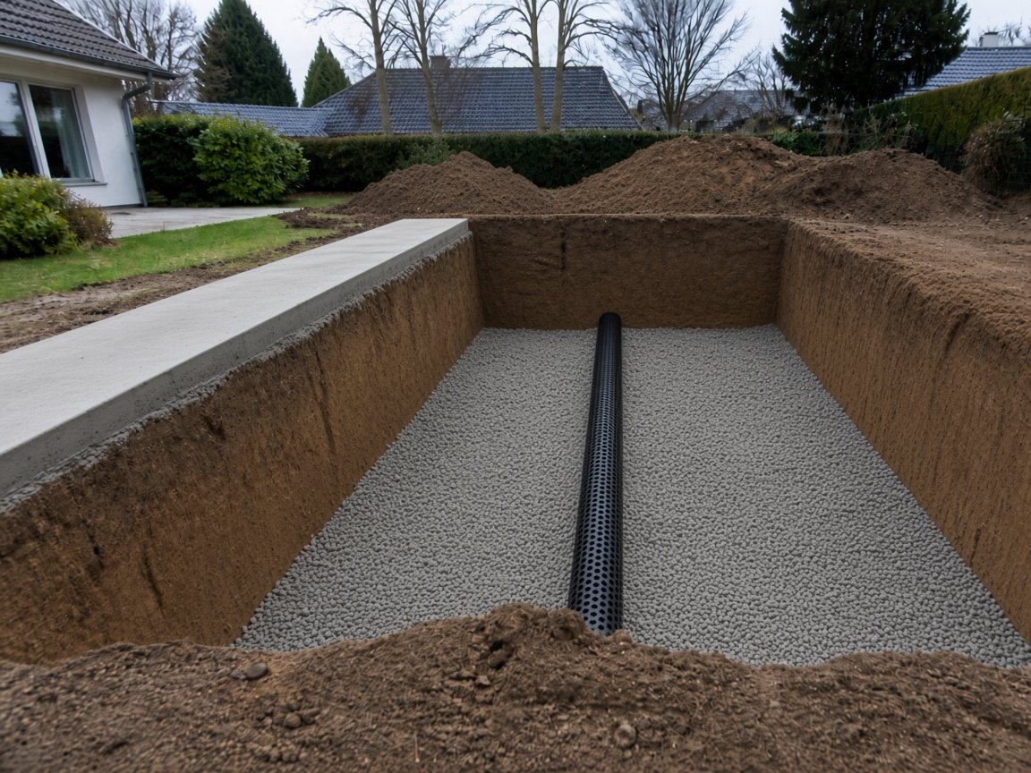 Perforated black pipe in gravel inside an open soil trench next to a concrete edge.