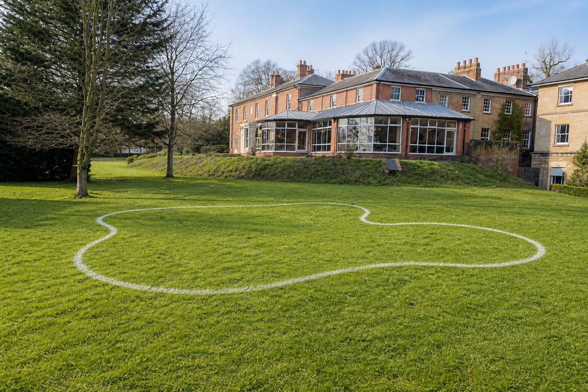 Pool layout marked on a lawn, used as a context image on the contact page.