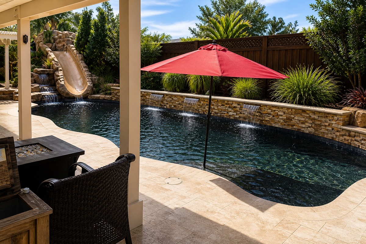Dark-finish pool with sheer-descent waterfalls and stone decking in a hot backyard.