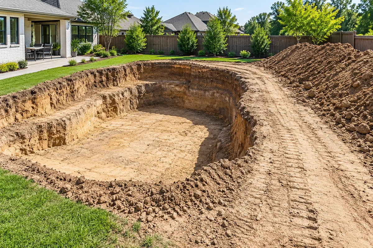 Residential pool excavation with a separate access track and soil stockpile beside the cut