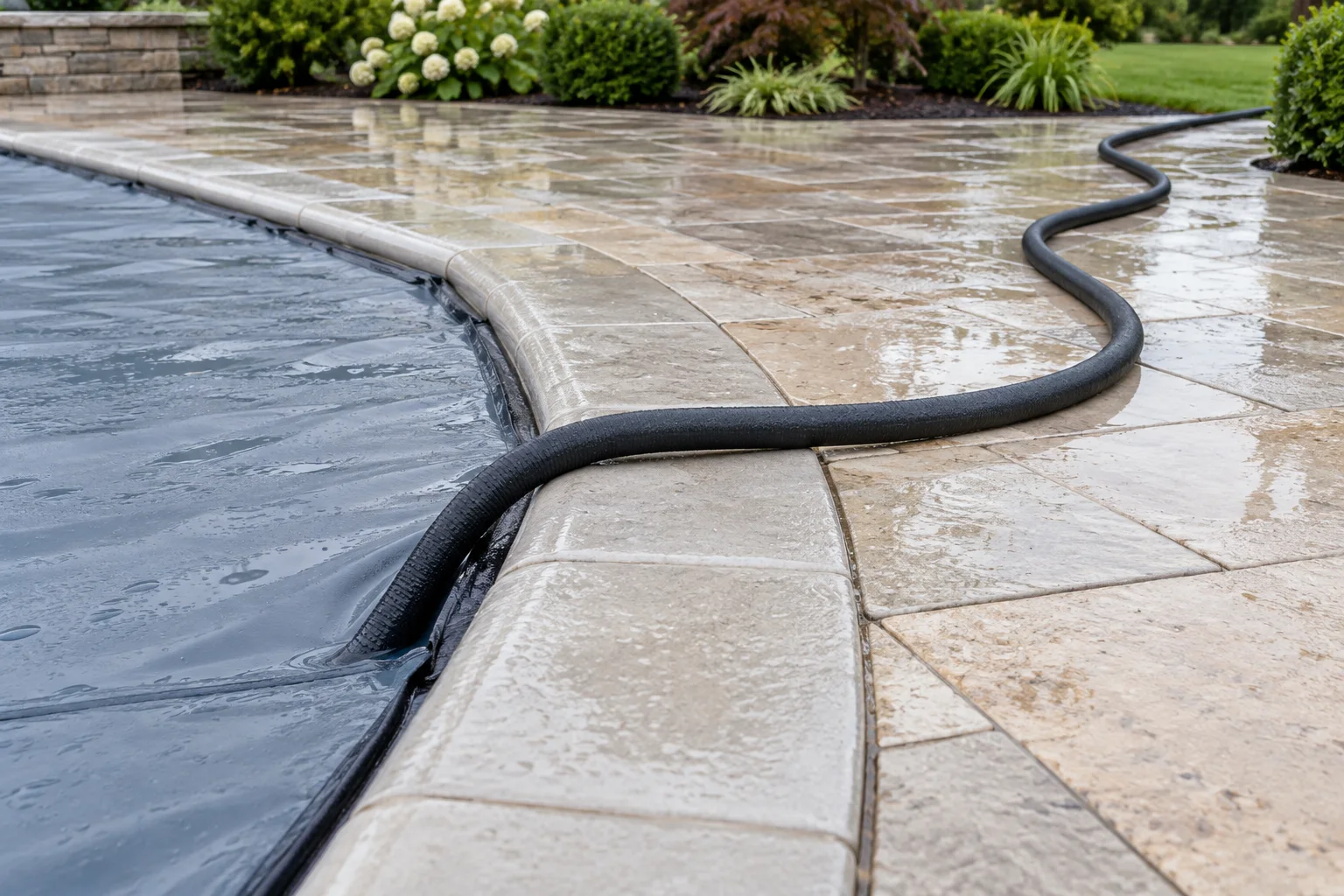 A dark discharge hose rises across rounded pool coping and follows a long uncoiled curve over the stone deck.
