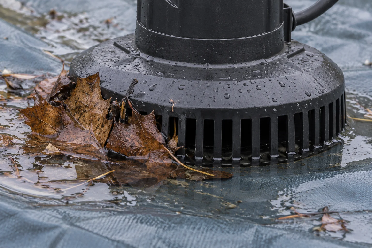 Wet brown leaves cover several slots on the left side of a pump intake while the front and right slots remain exposed.