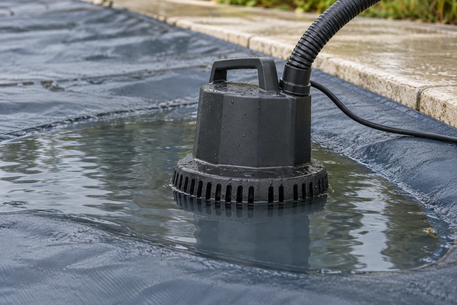 Water surrounds the low intake of a compact cover pump while damp cover fabric rises out of the shallow pocket.