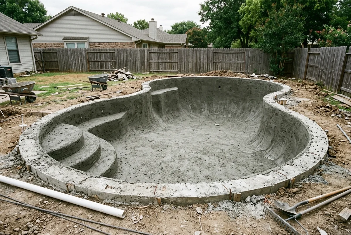 Unfinished concrete pool shell with exposed floor, walls, steps and upper edge