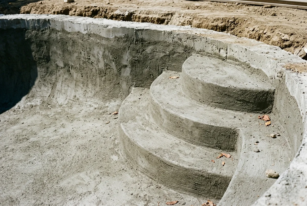 Unfinished pool step treads and risers beside a rough concrete wall