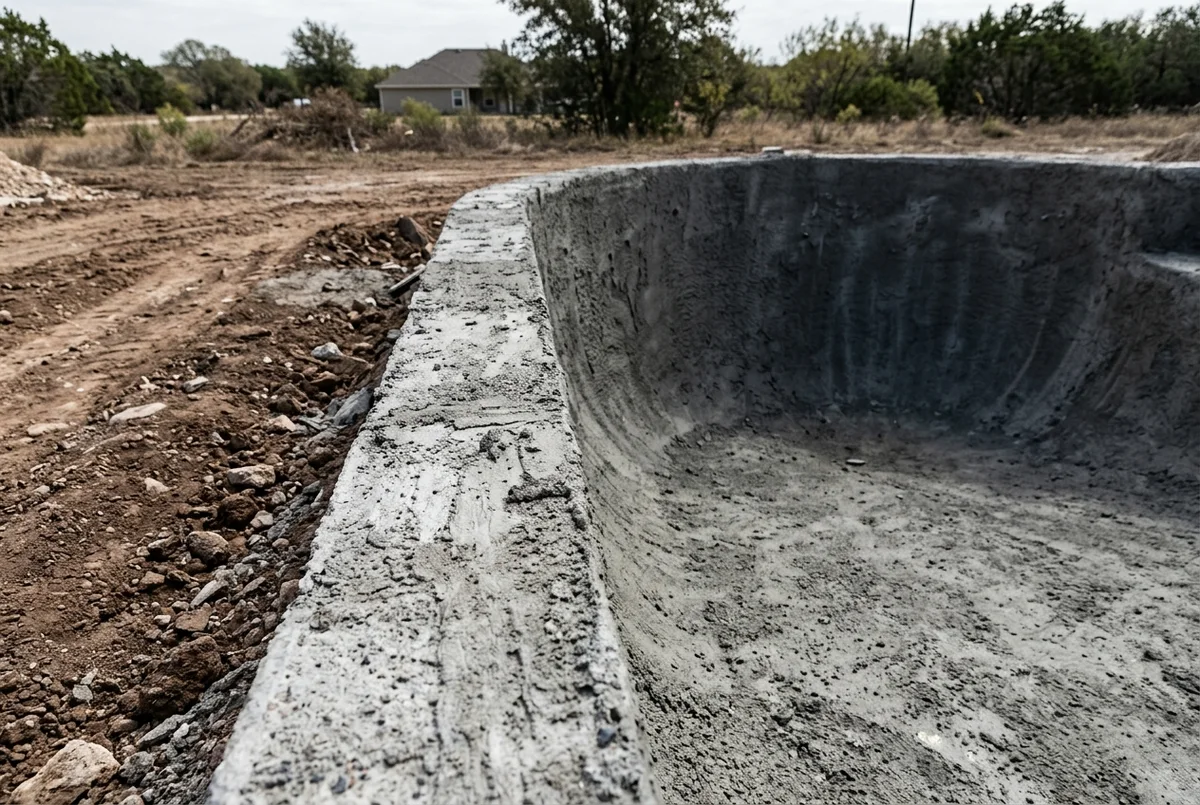 Rough concrete upper pool wall and exposed top edge before finishing