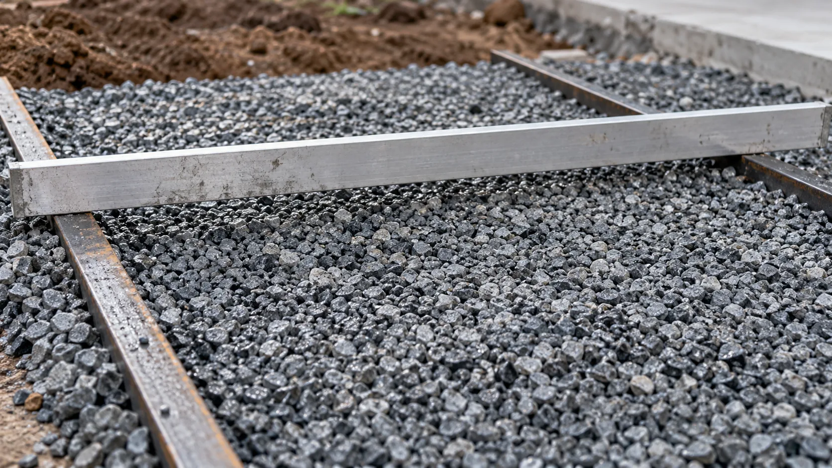 Angular crushed stone screeded between two steel rails with an aluminum straightedge