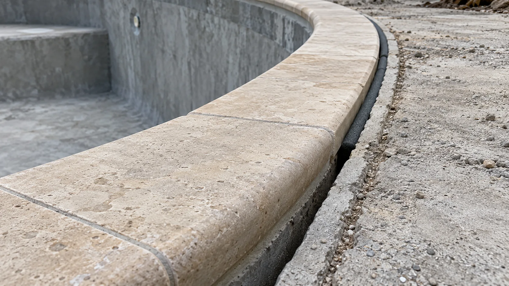 Bullnose coping stones on an empty concrete pool edge with an open joint behind them