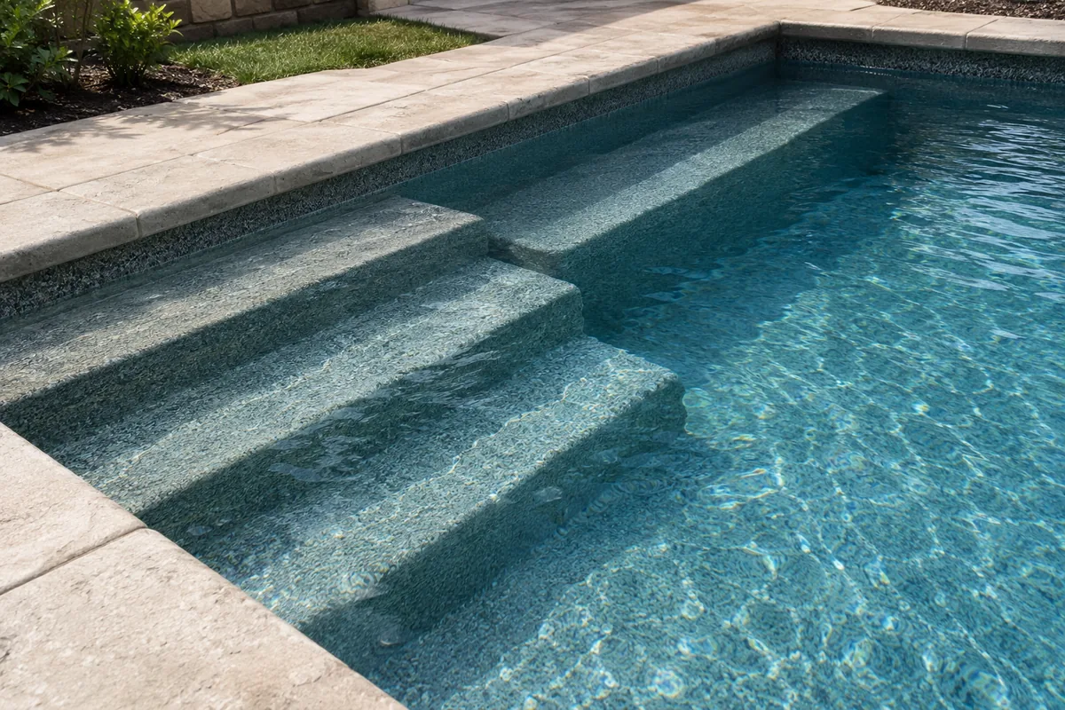 Pool entry steps and a shallow bench with an aggregate finish under clear water