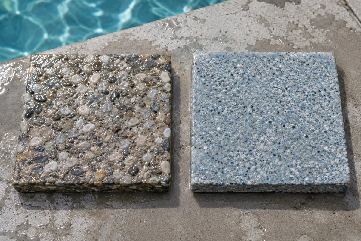 Two wet pool finish samples side by side, one with larger rounded pebbles and one with fine quartz-type aggregate