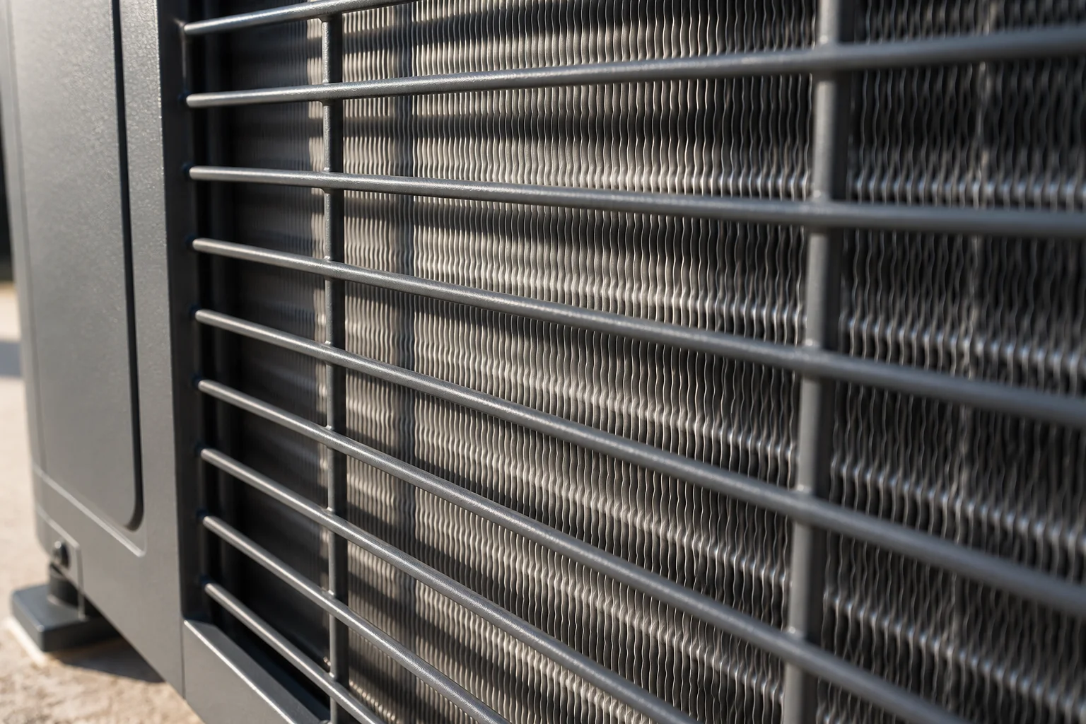 Close view of metal coil fins behind a protective grille