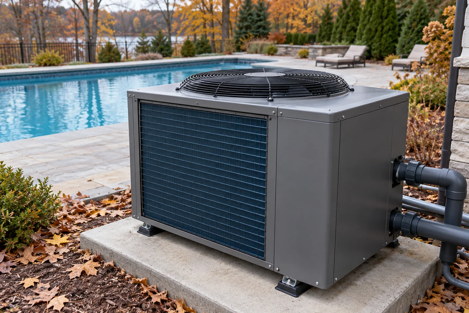 Outdoor pool heat pump with a top fan and side grille