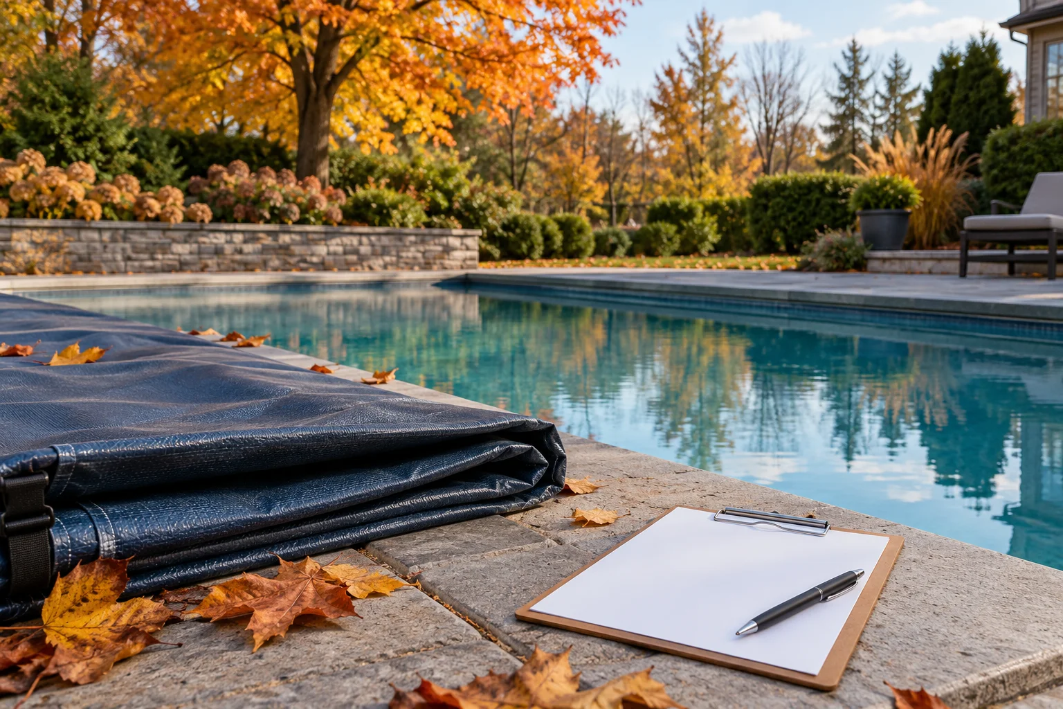 Swimming pool with a folded cover and blank planning clipboard