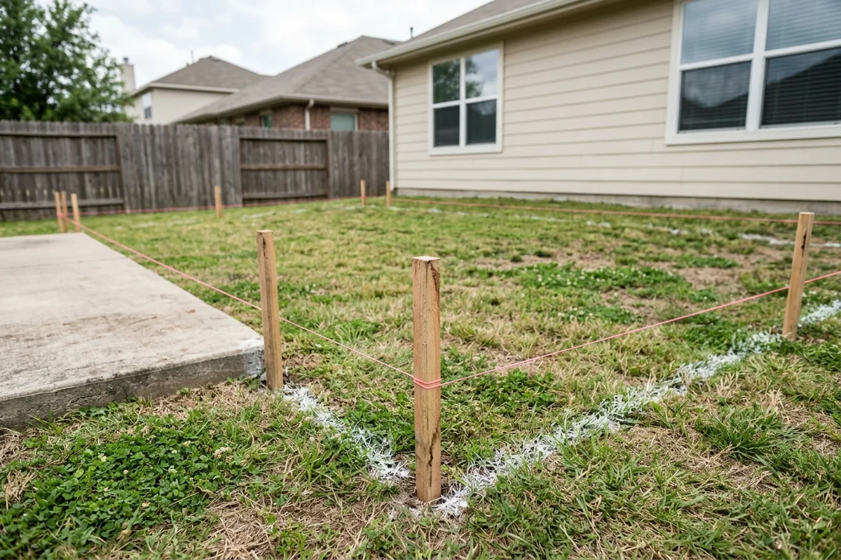 Wooden layout stakes connected by pink mason string and white pre-marking paint dashes on a residential lawn beside a concrete patio