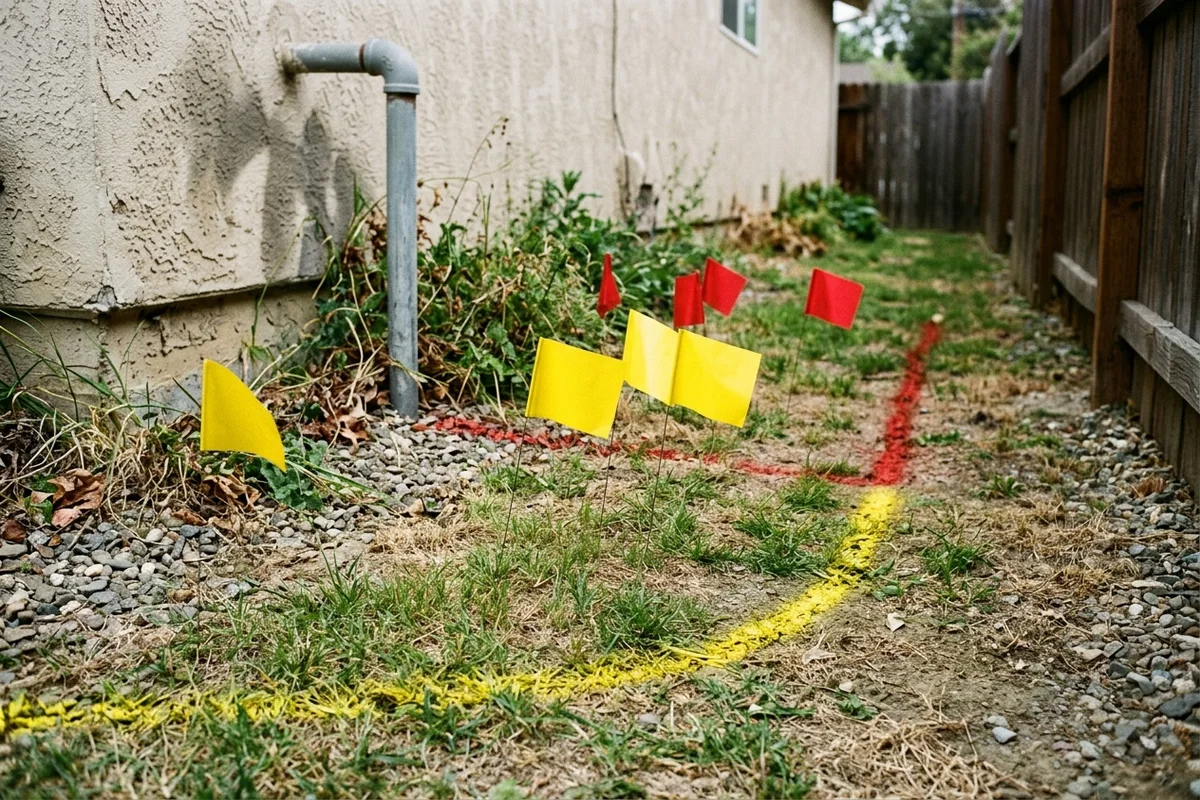 Plain yellow and red utility locate pin flags and matching spray-paint lines on a residential side-yard lawn leading toward a gray electrical conduit riser