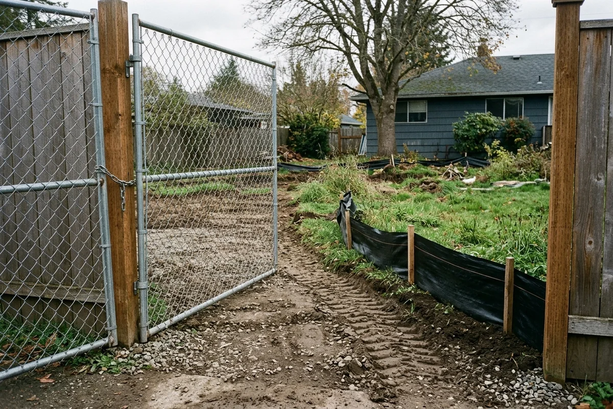 Open temporary chain-link construction gate beside a wooden fence post, dirt equipment access path, and staked black silt fence along a backyard edge