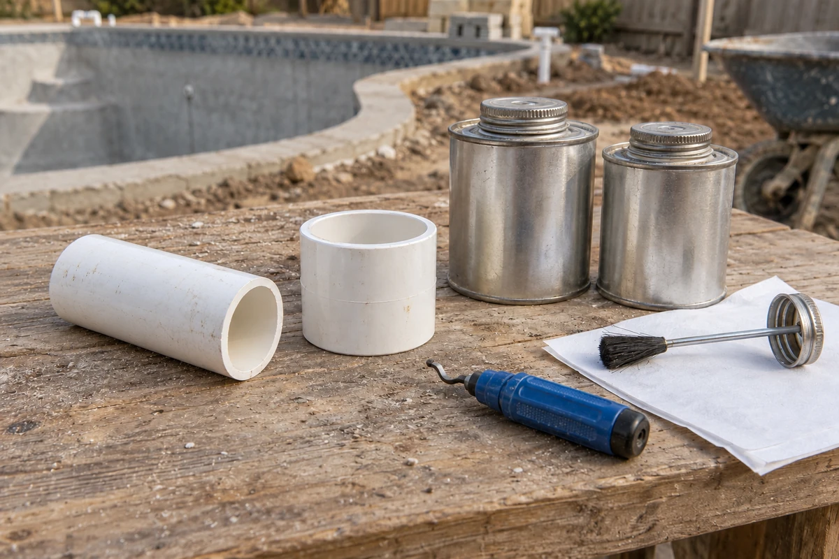 Photographic illustration of plain cement containers, PVC pipe and joint-preparation tools on a work surface