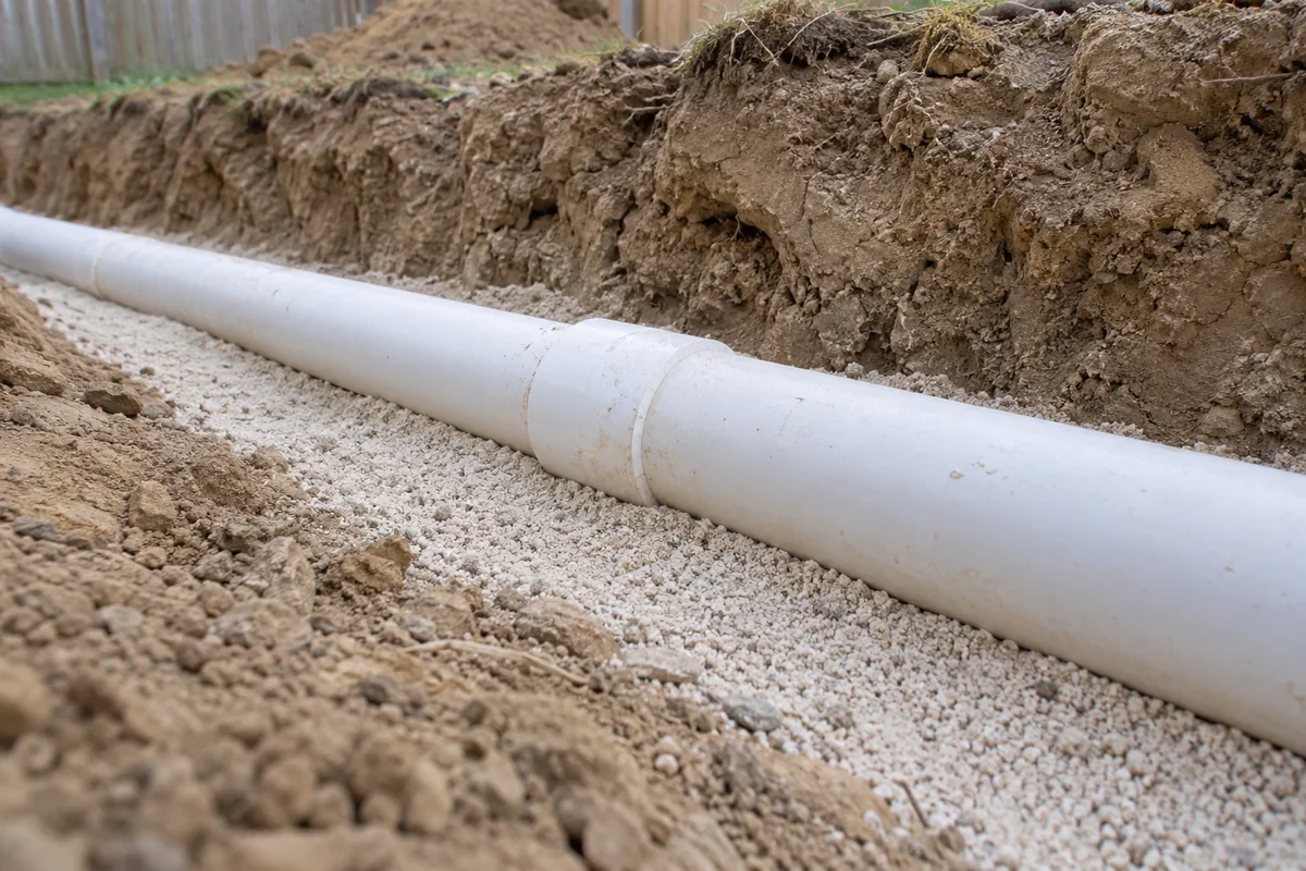 Photographic illustration of a PVC pipe resting on prepared bedding in an open shallow trench