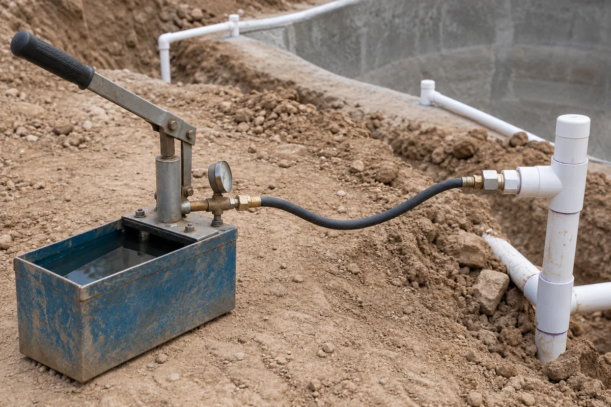 Photographic illustration of a manual water-pressure test pump and gauge beside a PVC branch